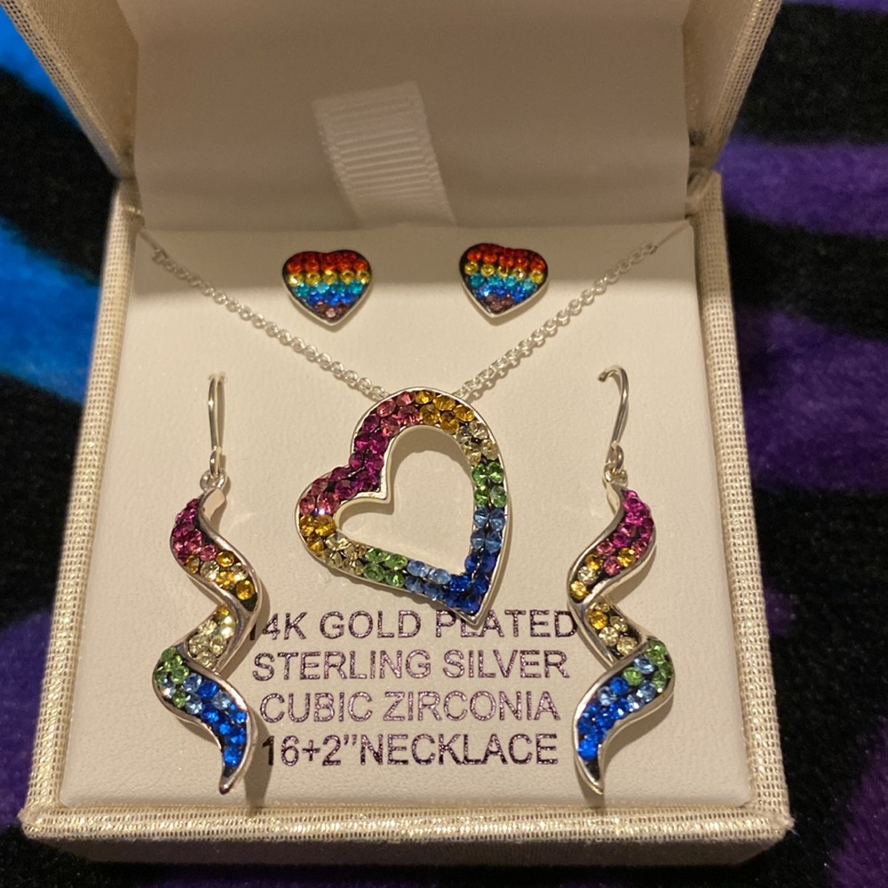 Pride Rainbow 🌈 Jewelry Set Silver Plated Bronze Heart and Earrings